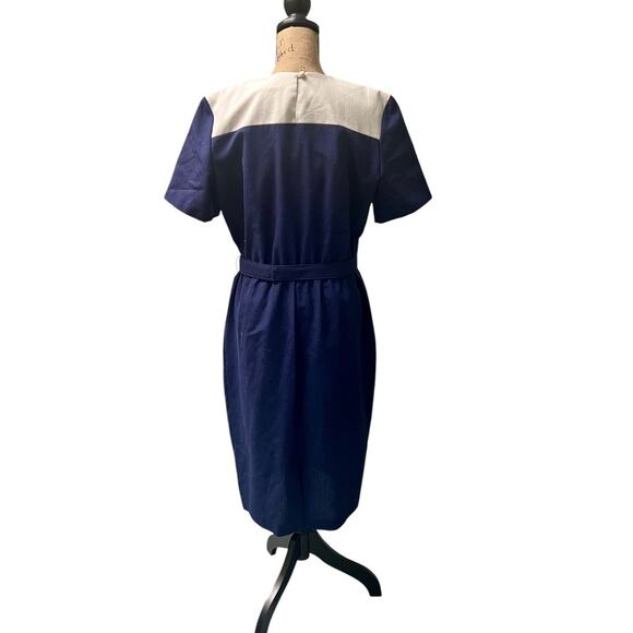 Vintage Periwinkle Nautical Navy Dress-Sz 16-Belted-USA Made-80s Midi-Patriotic - Picture 5 of 10